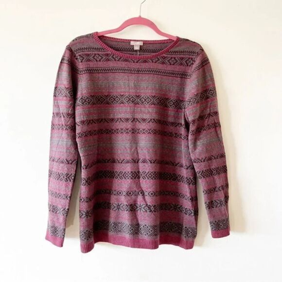 J Jill Dusty Purple Winter Print Crew Neck‎ Sweater Women’s Size Large L New $89 - Picture 8 of 9